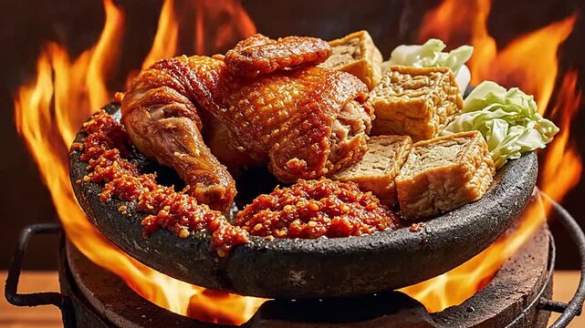 Delicious roasted chicken with fiery sambal sauce, fried tofu, and fresh vegetables, served on a hot stone plate over open flames. Traditional Southeast Asian cuisine, appetizing and spicy.