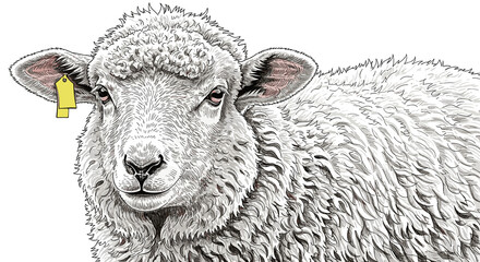 Farm sheep with ear tag standing against white background  