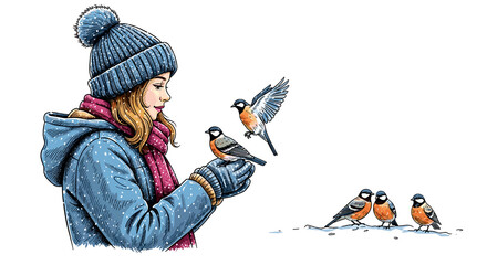 Girl feeding birds in winter while wearing a blue hat and scarf  