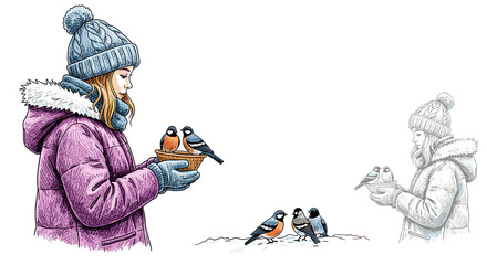 Young girl feeding birds in winter while wearing a warm jacket  
