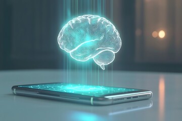 High-Tech Brain Design Floating Above Smartphone Screen High Resolution Picture