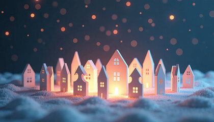 Illuminated paper houses in snowy landscape with glowing lights and festive atmosphere during winter. The concept of Christmas and New Year