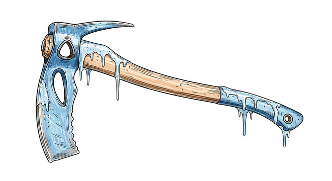 Ice axe with a wooden handle and icicles hanging from blade  