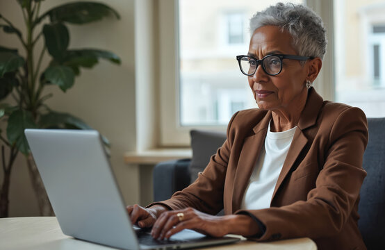 An elegant senior black businesswoman wears glasses while working on laptop. Mature woman in suit types at the computer. She focuses on her work in office.