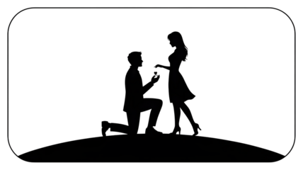 Silhouette of a man kneeling and proposing marriage to a woman, isolated on transparent background