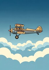 Stylized vintage biplane soars peacefully above the cumulus clouds
