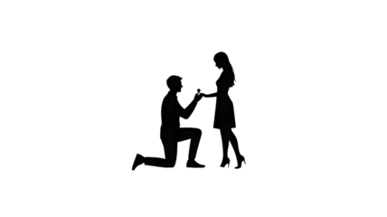 Silhouette of a man proposing marriage to a woman with an engagement ring, isolated on transparent background