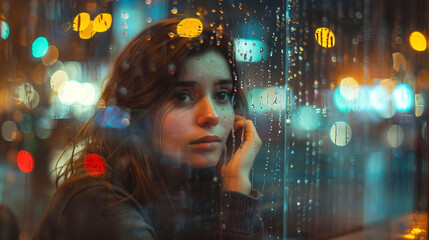 A thoughtful young woman sitting by a rainy café window.