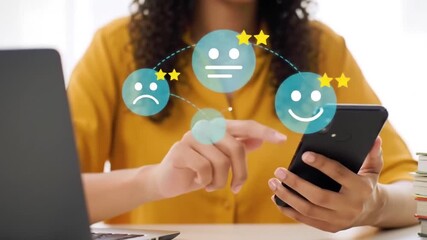Customer Feedback Rating Selection on Smartphone. User Choosing Satisfaction Level with Emoji Icons. Digital Survey and Response Collection Tool. - Powered by Adobe