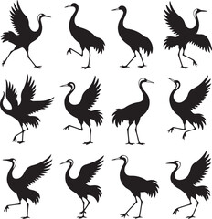 Obraz premium Collection of Crane Bird Silhouettes in Various Poses on White Background