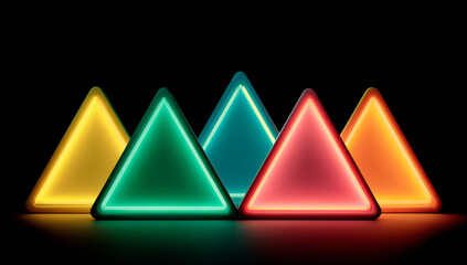 Five glowing neon triangular shapes in vibrant colors against a dark background