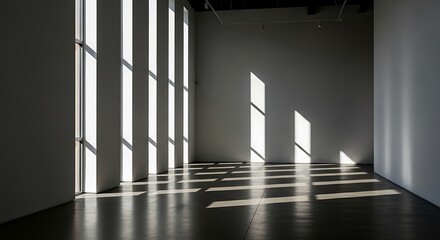 Sunlight casting shadows on a minimalist room's floor with white walls