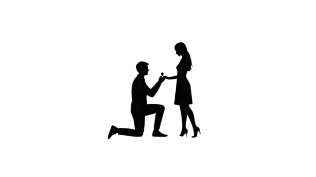 Silhouette of a man proposing marriage to a woman with an engagement ring, isolated on transparent background