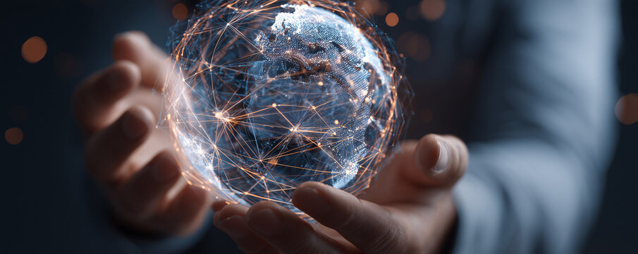 Businessman hold global business globe with network connected to digital marketing strategy and creative solution. Business development technology to support creativity idea