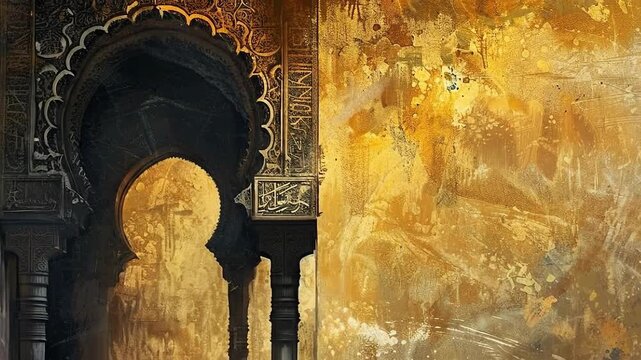 Detailed view of an ornate golden Moorish archway and column beside a textured abstract gold wall.