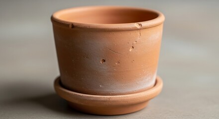 Terracotta Pot with Weathered Texture and Minor Imperfections on Neutral Backdrop