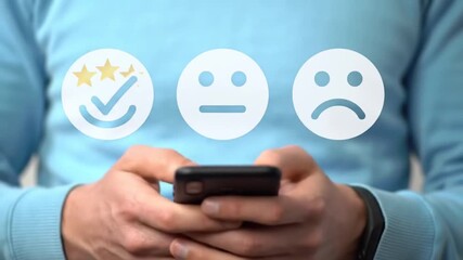 Customer Feedback and Rating System on Smartphone. User Selecting Satisfaction with Emoji and Stars. Digital Survey for Service Quality and Feedback. - Powered by Adobe