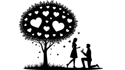Romantic silhouette of a man proposing to a woman under a heart tree, isolated on transparent background