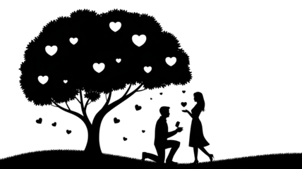 Silhouette of a man proposing to a woman under a heart tree, isolated on transparent background