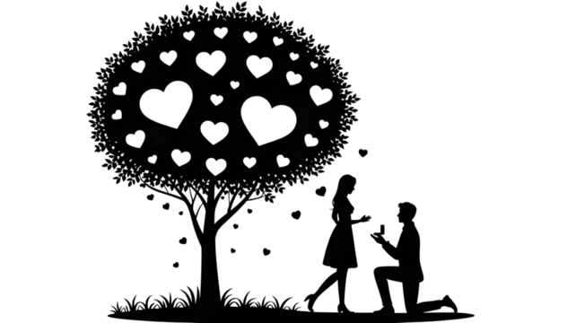Romantic silhouette of a man proposing to a woman under a heart tree, isolated on transparent background