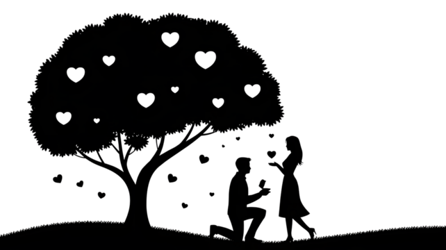 Silhouette of a man proposing to a woman under a heart tree, isolated on transparent background