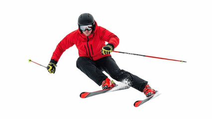 Aggressive alpine skier in red jacket, black pants and helmet carving dynamic turn on skis against white background, showcasing speed, edge control, balance and exciting downhill winter sport action

