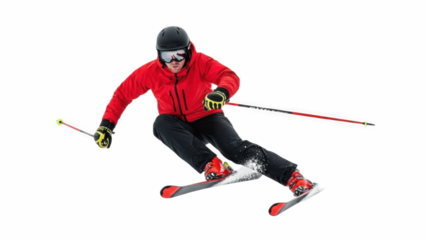 Aggressive alpine skier in red jacket, black pants and helmet carving dynamic turn on skis against white background, showcasing speed, edge control, balance and exciting downhill winter sport action

