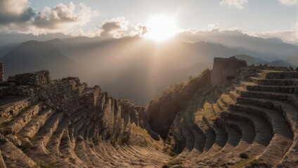Ancient Roman Amphitheater Ruins at Sunset with Dramatic Sky and Mountain Landscape.