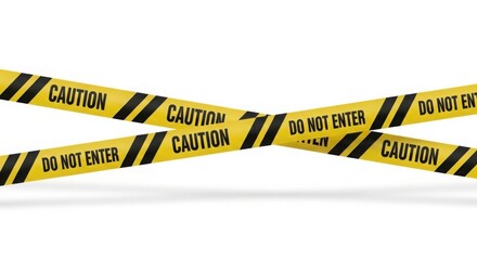 Yellow caution tape with black stripes and text caution and do not enter crossing on a white background