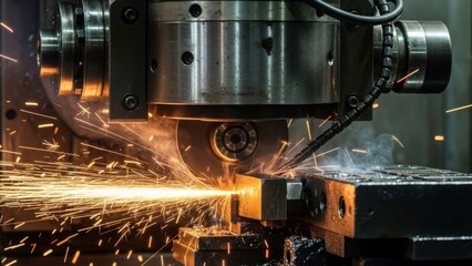 Close up of a metal cutting machine with sparks flying during industrial manufacturing process