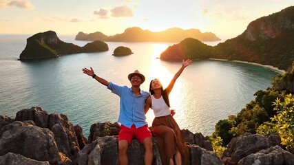 Joyful couple embraces a breathtaking tropical bay panorama from a mountain viewpoint at golden sunset. Scenic travel adventure featuring a beautiful island landscape and romantic outdoor lifestyle.