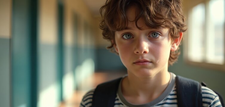 Portrait of a sad teenage boy with curly hair at school. Young male student looking unhappy feels isolated. Melancholy child standing alone in school hallway with backpack.