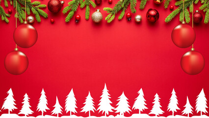 Red Christmas background with green fir tree branches and holiday decoration ornaments border frame, Designed for Season Sale Flyers, Festive Posters, Marketing Banners.