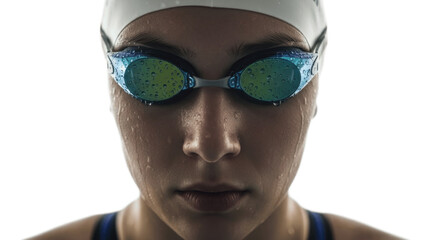 Focused competitive swimmer wearing white cap and blue reflective goggles with water droplets on face against white background, symbolizing dedication, calm concentration and elite aquatic performance