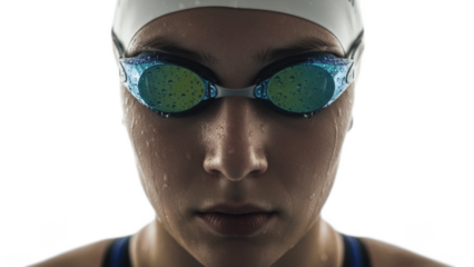 Focused competitive swimmer wearing white cap and blue reflective goggles with water droplets on face against white background, symbolizing dedication, calm concentration and elite aquatic performance