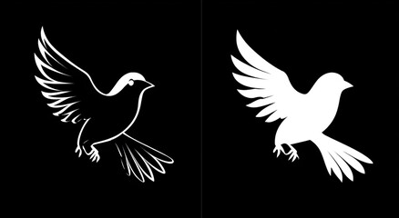 Obraz premium Two stylized dove or pigeon silhouettes in flight, one outline and one solid white