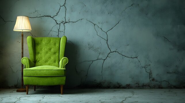 Green Armchair and Floor Lamp Against a Cracked Concrete Wall.