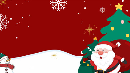 Christmas vector cartoon card with Santa Claus, snowman, and Christmas tree for holiday season celebration  Gift Elements and Festive Decorative Details, Ideal for Seasonal Posters, Holiday Cards.