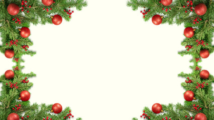 Christmas frame decoration with holly and berry branches border with cream Background, Tree Branch Frames, Festive Decorative Details, Ideal for Seasonal Posters, Holiday Cards.
