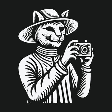 Anthropomorphic cat photographer in a hat holding a vintage camera.