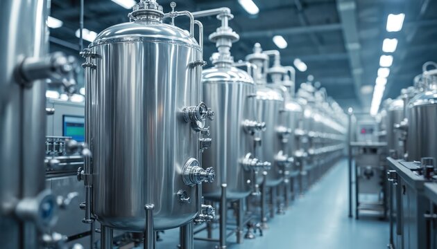 Rows of shiny steel bioreactors in modern facility. Large industrial tanks used for bioprocessing and controlled fermentation. Advanced manufacturing and production equipment in sterile lab.