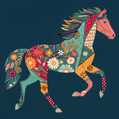 &ldquo;Running horse with patchwork floral fabric pieces, bold stitches, bright boho palette, t-shirt print design&rdquo;