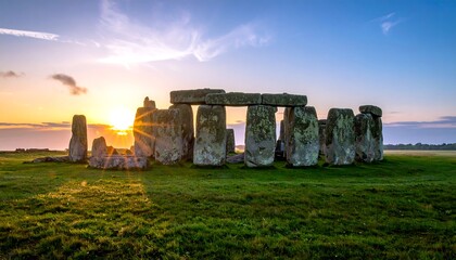 Ancient stone monument bathed in the golden light of sunset, showcasing impressive architecture against a sky with wispy clouds