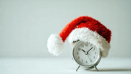 Christmas countdown concept with alarm clock wearing Santa hat on holiday background