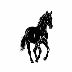 Elegant black horse galloping gracefully across a pristine white background.