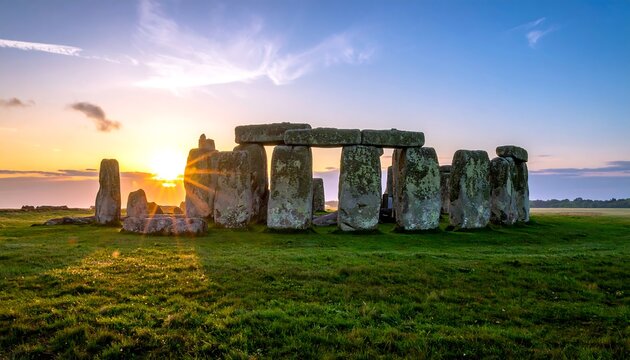 Ancient stone monument bathed in the golden light of sunset, showcasing impressive architecture against a sky with wispy clouds - Powered by Adobe