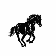 Elegant black horse galloping gracefully across a white background.