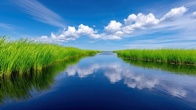 A tranquil waterway with tall green grass on either side, reflecting the blue sky and fluffy white clouds in the still water. The scene is bathed in bright sunl