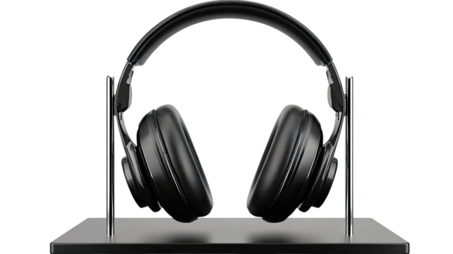Sleek black over-ear headphones displayed on a modern metal stand showcasing premium audio equipment and stylish minimal design isolated on white background