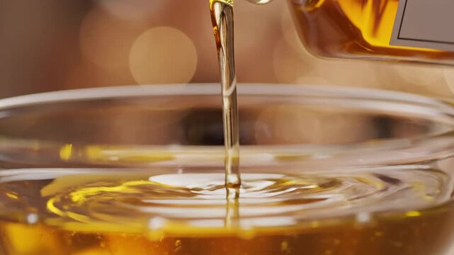 Close-up of golden liquid pouring into glass creating mesmerizing ripples